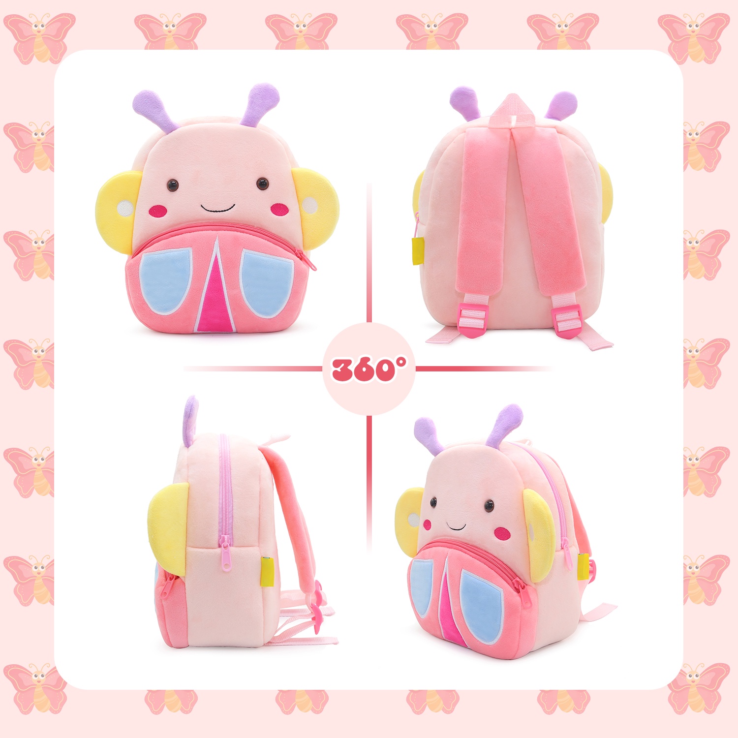 Mochila infantil de peluche de animal, para niños y niñas de 2 a 6 años, ajustable, suave, lavable a máquina, diseño de mariposa 5