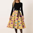 thumbnail image 2 of LWavelet Women's Long Sleeve Fit-and-Flare Dress, Cute Cartoon Bunny Print with Satin Bow Belt for Casual & Easter Outfits Yellow S, 2 of 4