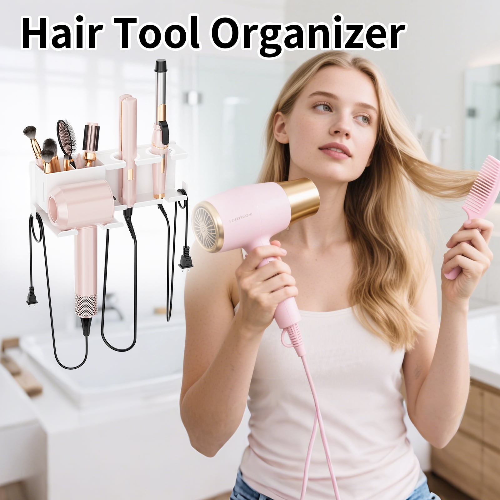BOIVSHI Hair Dryer Holder Wall Mounted,Blow Dryer Holder for Bathroom, Metal Hair Dryer Rack, Muti-Function Hair Tool Organizer(White)