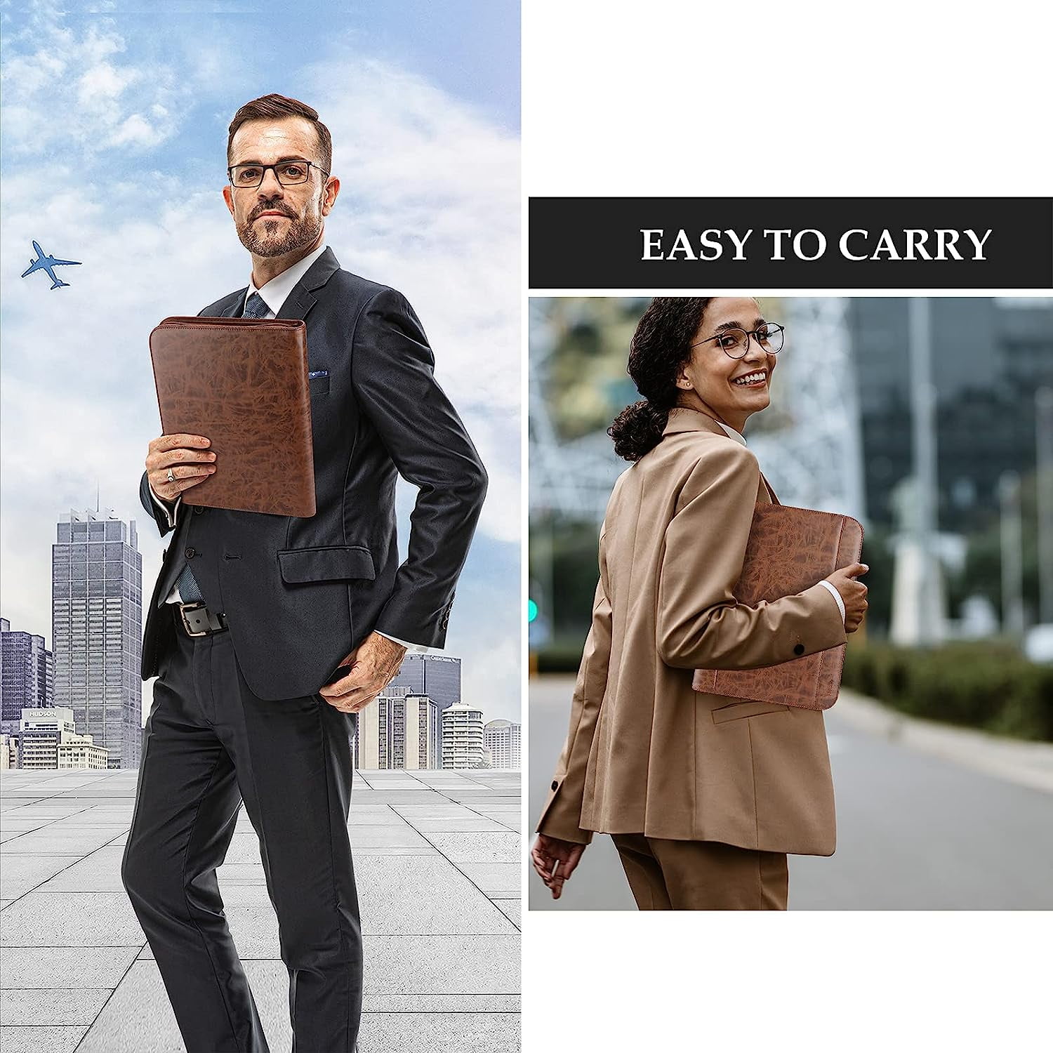 ProCase Portfolio Binder, Leather Padfolio File Folder Zipper Notepad Business Legal Document Holder with Tablet Sleeve, Phone Pouch, Card Organizer, Writing Pad -Brown