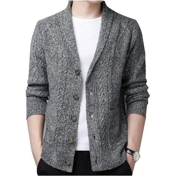 Kukuzhu Men's Casual Shawl Collar Button Down Cabel Knit Cardigan Sweater with Pockets