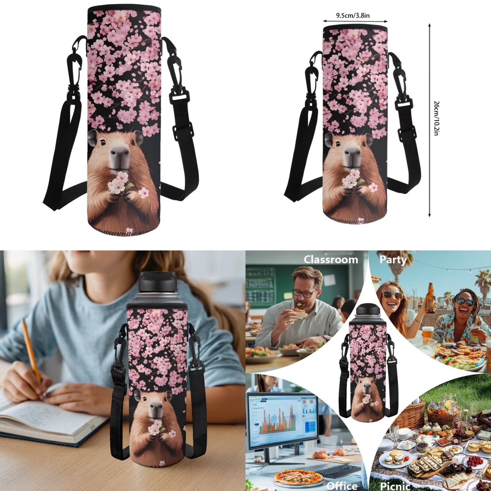 Pzuqiu Cherry Blossom Capybara Kids Backpack for School Girls Backpacks with Lunch Box Pencil Case Backpack for Kids Large Travel Daypack,17 Inch Bookbags School Bag Set of 4