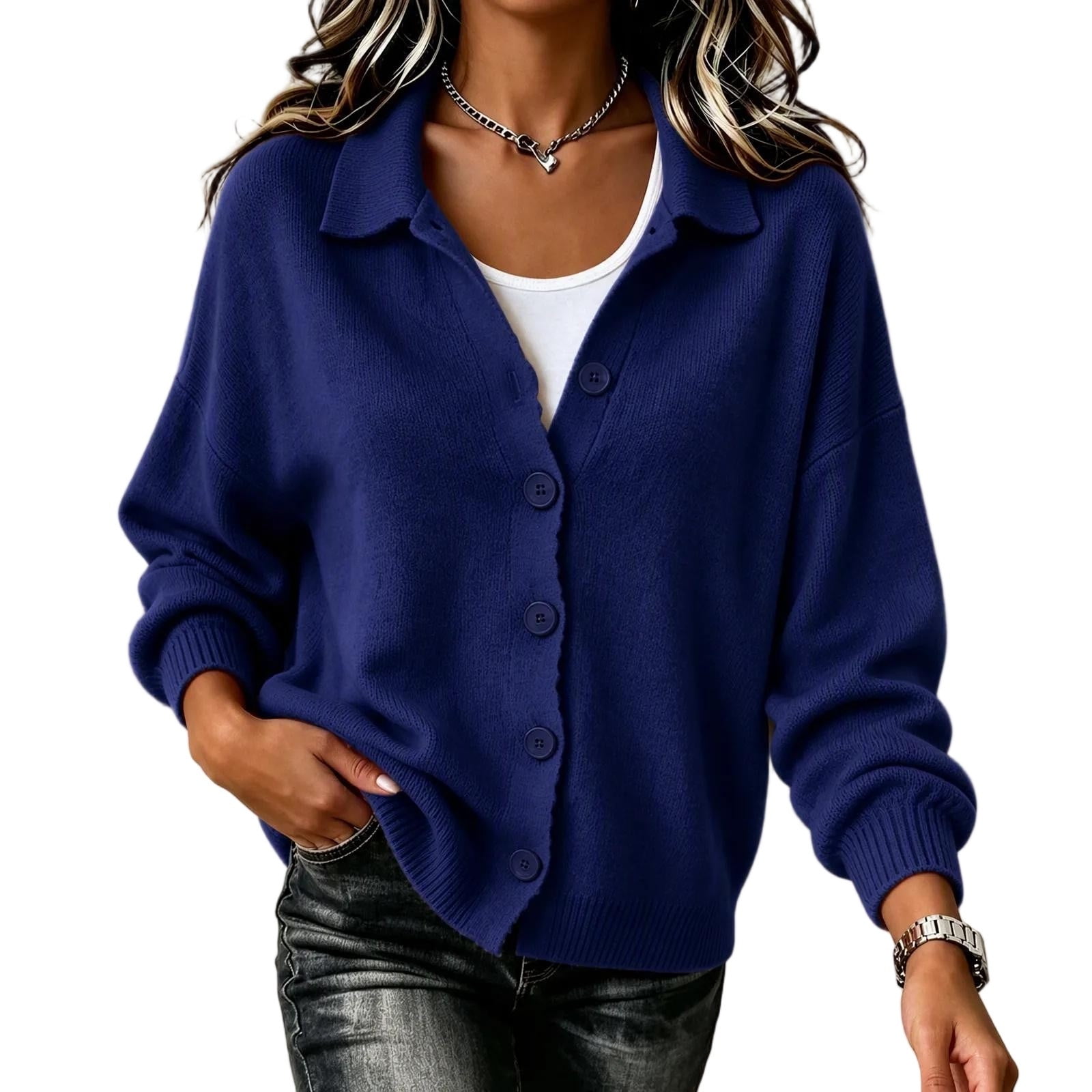 Women s Button‑Front Lapel Collar Knit Cardigan Drop Shoulder Long Sleeve Shacket‑Style Outerwear Casual Layering Top for office Commute Shopping Dating Weekend Vacation Occasions Navy XXL