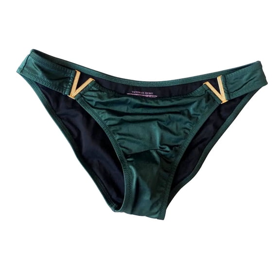 Victoria's Secret Swim Bikini Bottom Gold Tone Rhinestone V Hardware Dark Green Size X-Large NWT