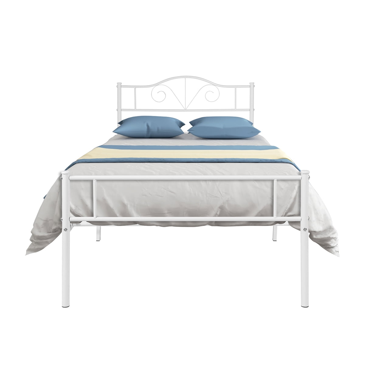 Lowestbest Twin Metal Single Bed, Platform Bed Frame, Adult and Children Foundation with HeadBoard & Footboard In Bedroom, White Lowestbest Twin Metal Single Bed, Platform Bed Frame, Adult and Children Foundation with HeadBoard & Footboard In Bedroom, White