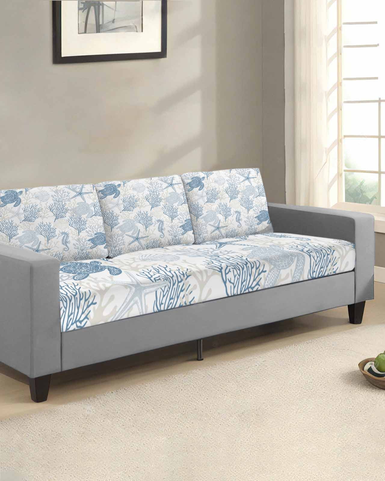 Blue Grey Coastal Couch Cushion Covers Stretch, Washable Sofa Seat Covers Individual Seat Cushion Sofa Slipcovers Sea Turtle Nautical Coral Summer Beach Couch Cover Furniture Protector S-1PCS