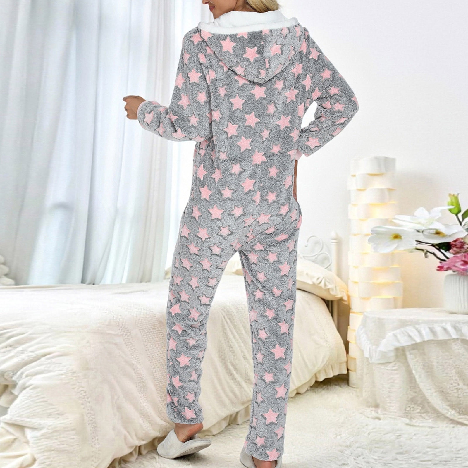 Womens Fleece Onesies Pajamas Jumpsuit Warm Sherpa Romper Sleepwear One Piece Zipper Hooded Star Graphic Loungewear (XL, Gray)