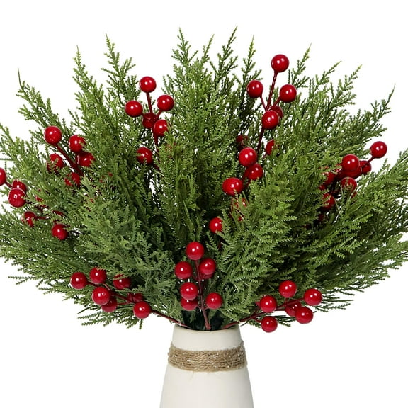 MODANU 12.5" Artificial Pine Branches Christmas Holly Berries Artificial Red Berry Stems for Christmas Wreath Decorations Xmas Tree Decoration, 30Pcs/Set