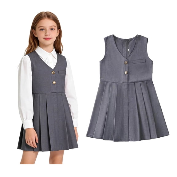 School Uniform Dress for Girls Sleeveless V-Neck Jumper Dress A-Line Pleated Dress Summer Girls Grey Uniform Dress Back to School Dress 8-9 Years