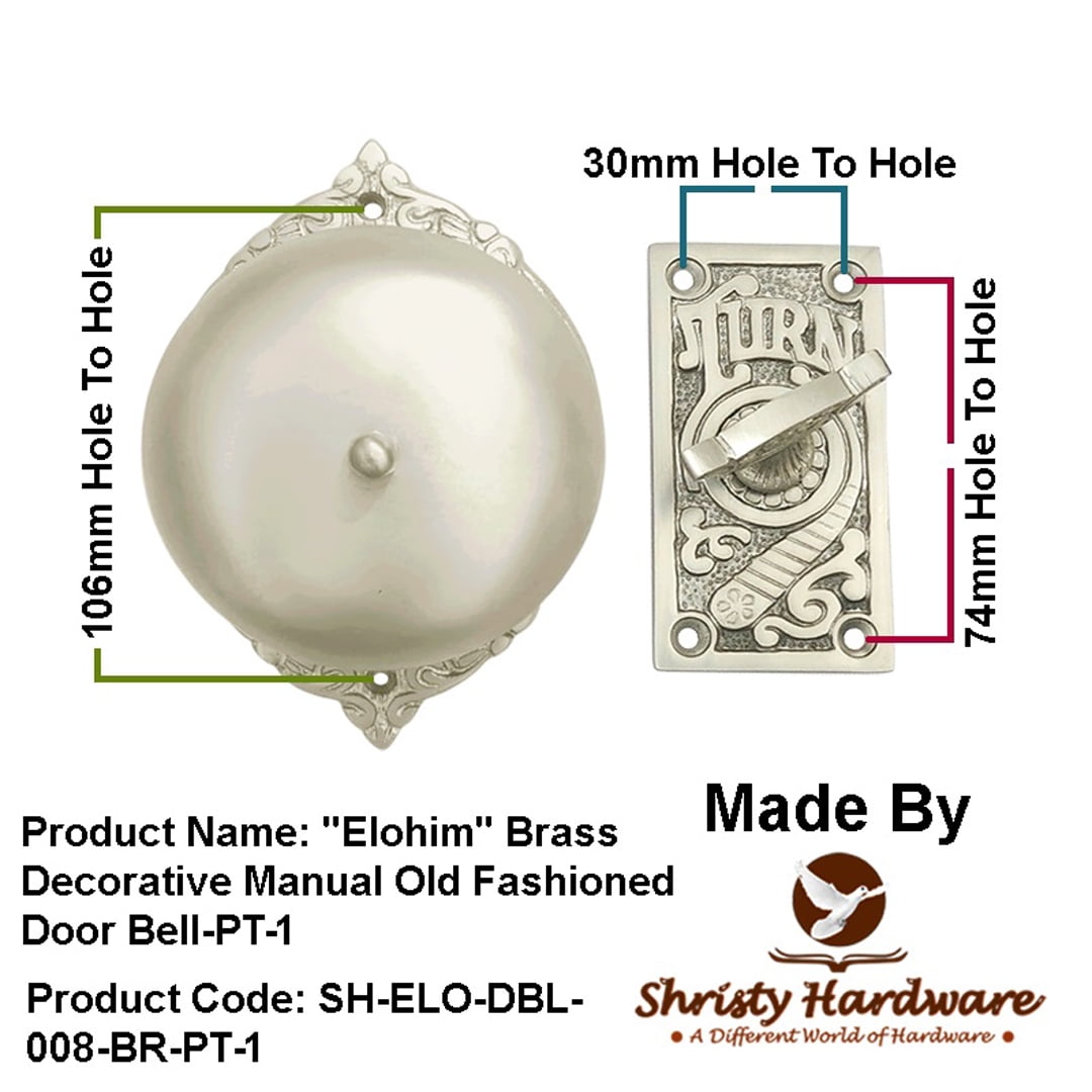 Shristy Hardware "Elohim" Brass Manual Old Fashioned Door Bell – Vintage Twist Bell with Key Plate – Mechanical Doorbell for Home – PT-1 (Pack of 1 Satin Nickel Finish)