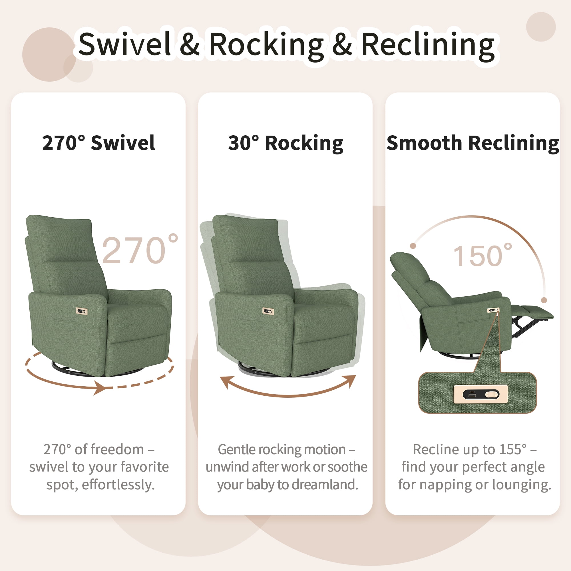 Leumius Swivel Recliner Chair,270° Swivel Rocker Chair for Adults,Small Rocking Recliner for Small Spaces, Upholstered Fabric Glider Recliner Nursery,Living Room Chair,Theater SeatingDark Green