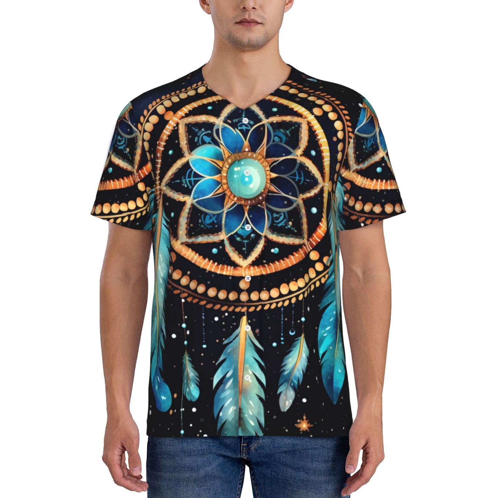 Mens Graphic Baseball T Shirt Short Sleeve Summer Casual Tee Top Jersey, Dream Native American Indian Tribal Starry