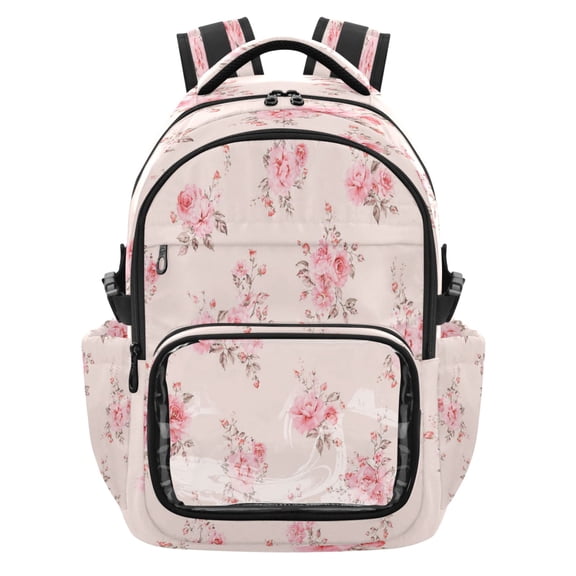 Qxltty Pastel Pink Rose Backpack School Bookbag with Clear PVC Front Pocket, Laptop Compartment, Water Resistant Travel Daypack for Students