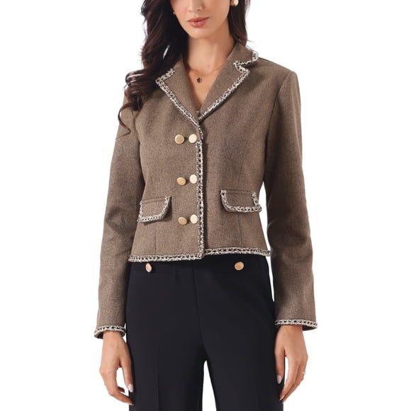 INSPIRE CHIC Dressy Casual Tweed Jacket for Women's Elegant Double Breasted Long Sleeve Crop Blazer L Brown