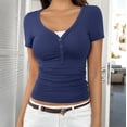 thumbnail image 2 of FRSASU Womens Short Sleeve Shirts V Neck Rib Knit Slim Fit Tops Casual Stretch Basic Tee Going Out Top Summer Fashion Blue, 2 of 6