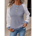 thumbnail image 5 of Women'S Solid Color Lace Trim Long Sleeve T-Shirt Round Neck See Through Casual Elegant Top Light Gray XL, 5 of 9
