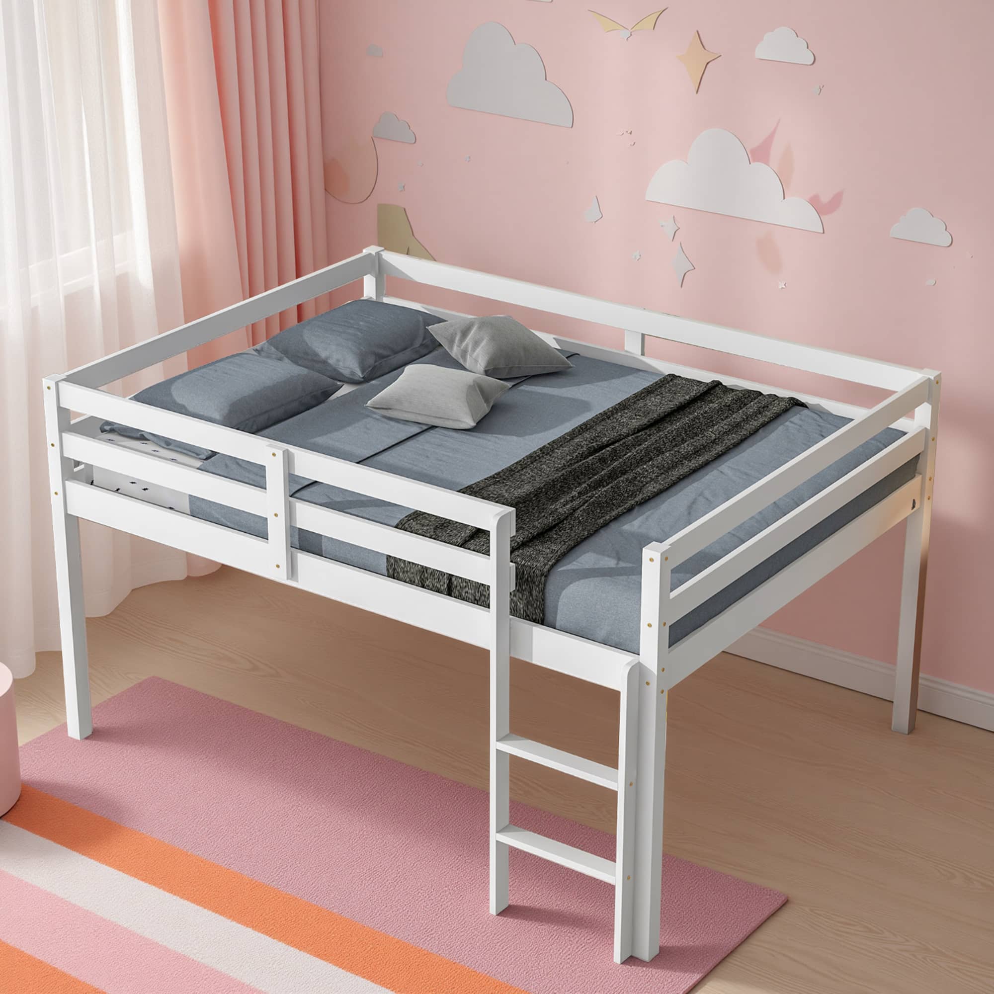MAYEERTY Full Size Loft Bed with Ladder for Child, White