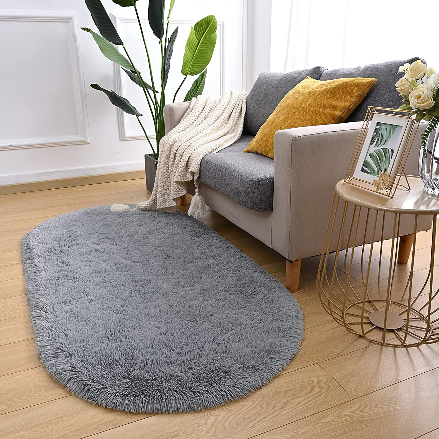 Arogan Super Soft Area Rugs for Bedroom Living Room Nursery Room,Fluffy Oval carpet,2.6'x5.3',Gray