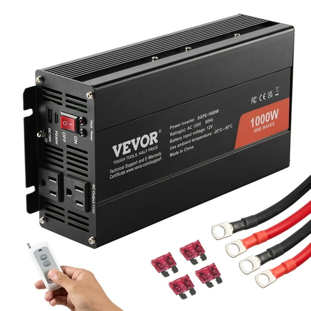 VEVOR Inversor de onda sinusoidal pura, 1000 vatios, inversor de corriente CC 12 V a CA 120 V con 2 salidas CA 2 puertos USB 1 puerto tipo C, control remoto para dispositivos domesticos