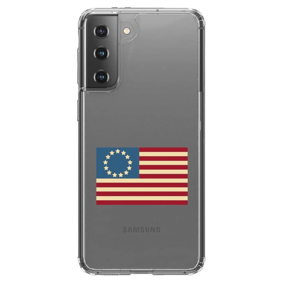 DistinctInk Clear Shockproof Hybrid Case for Galaxy S21  PLUS 5G (6.7" Screen) - TPU Bumper Acrylic Back Tempered Glass Screen Protector - USA Colonial Flag Red White & Blue