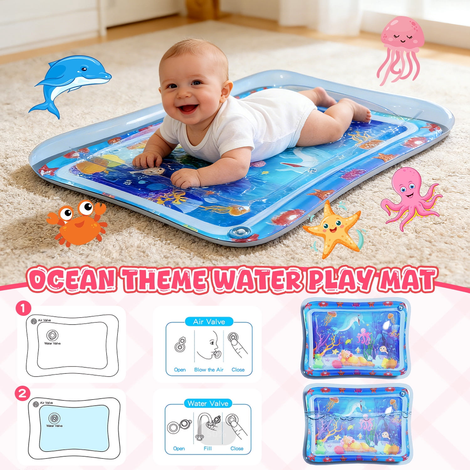 WonderStone 6-in-1 Baby Gym Play Mat, Activity Center Walker with Water Mat, 5 Infant Toys & Portable Musical Piano Panel for Babies 0–12 Months, Pink