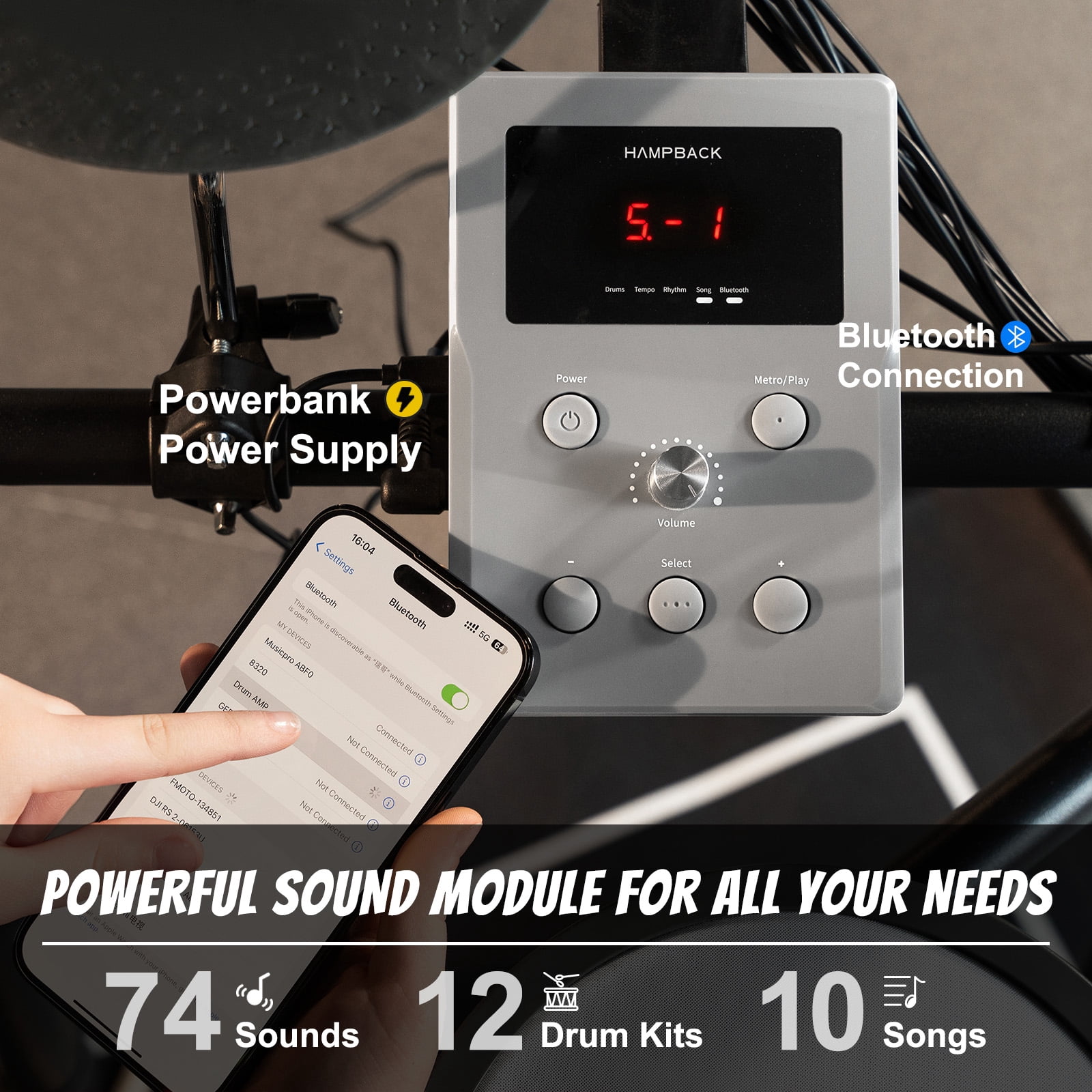 HAMPBACK MK-0 Plus Electric Drum Set for Beginner  5" Kick Drum, Quite Mesh Pads, Full Rubber Crash, 12 Drum Kits and 74 Sounds, Bluetooth, Throne, Sticks, Headphones.