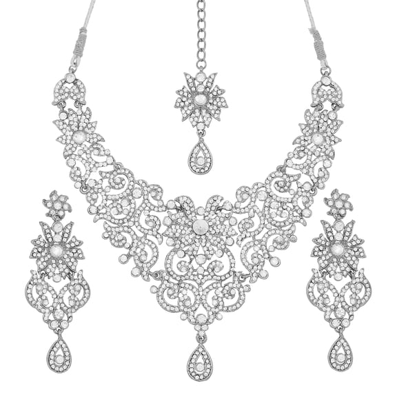 Sunsoul by Touchstone Indian Handcrafted Filigree Rhinestone Jewelry Silver Tone Necklace For Women.