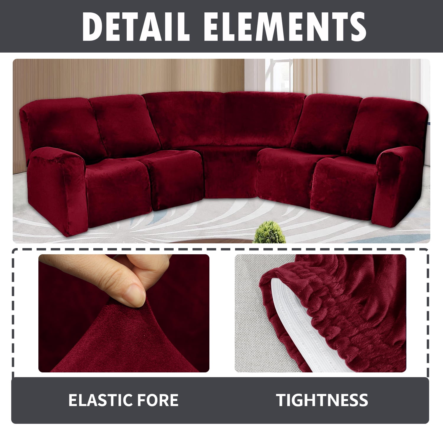 Eurhowing 5 Seat Recliner Sofa Cover, Soft Velvet Stretchable L-Shaped Sectional Couch Slipcovers, Corner Reclining Sofa Covers Furniture Protector, Burgundy