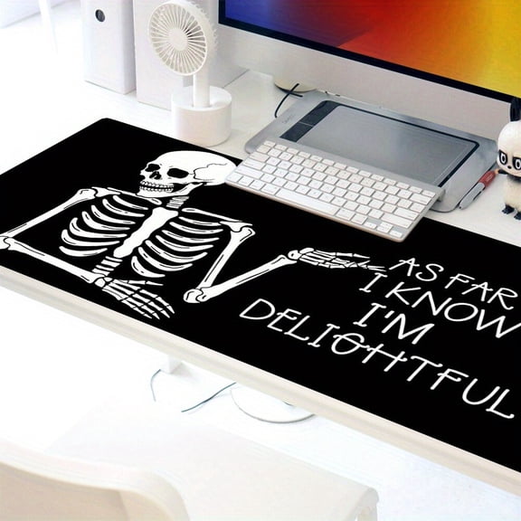 Funny Skull Mouse Pad - Non-Slip, Soft & Comfortable Desk Mat, 31.5"x11.8 Inchnch, Black with White Skeleton Design, Ergonomic Stitched Edges for Gaming & Office Use, Office Desk Mat