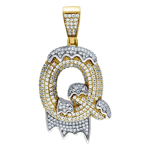 925 Sterling Silver Yellow-tone Mens Women CZ Dripping Letter Name Personalized Monogram Initial Q Charm Pendant 47.2x24