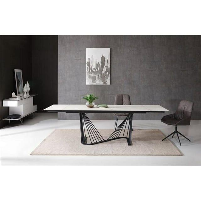 Whiteline DT1633E-WHT Table à Manger Extensible Roma - Couche de Verre de 8 mm et Plateau en Céramique Blanche de 3 mm