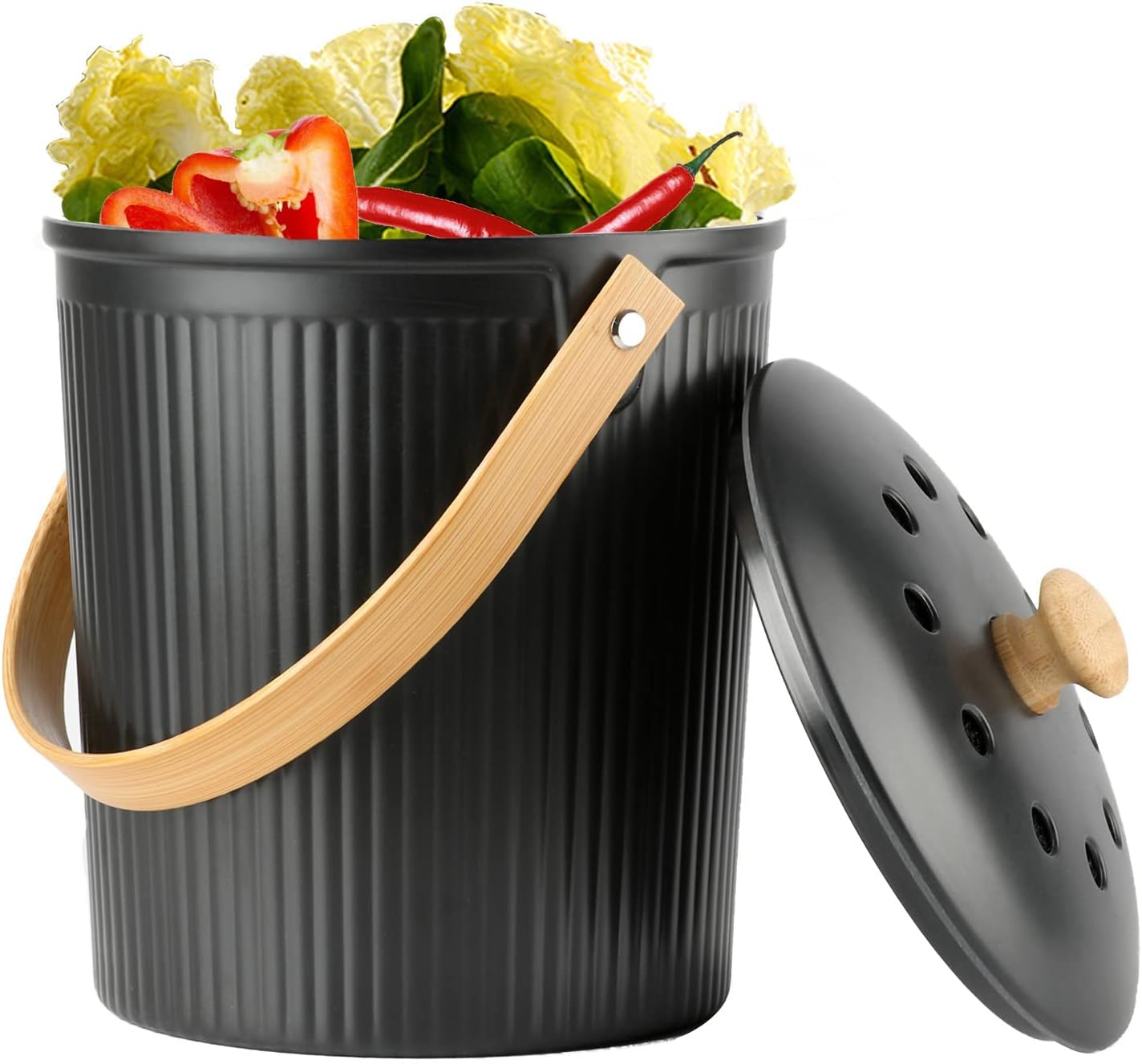 PIKADINGNIS Countertop Compost Bin, Compost Bin Kitchen with Lid, Made of Sustainable Bamboo