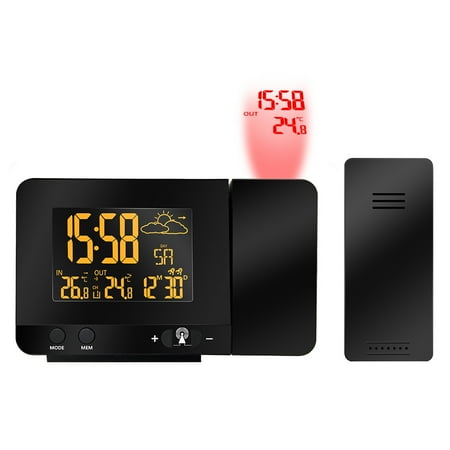 Multifunctional Digital LCD Radio-Controlled Projection Alarm Clock with Weather Station Temperature Calendar Display Dual Alarm USB Charging Function