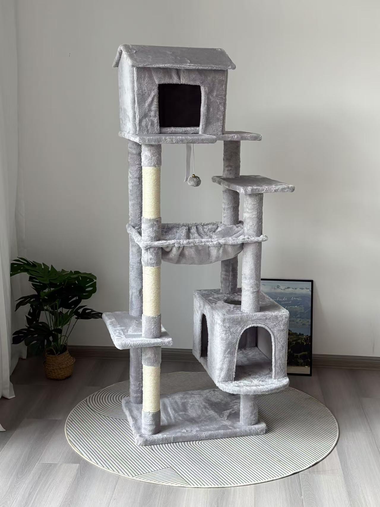 64in Cat Tree with Unique Cat House, Hammock, Scratching Posts - Plush Cat Tower for Indoor Cats, Ideal for Multiple Cats