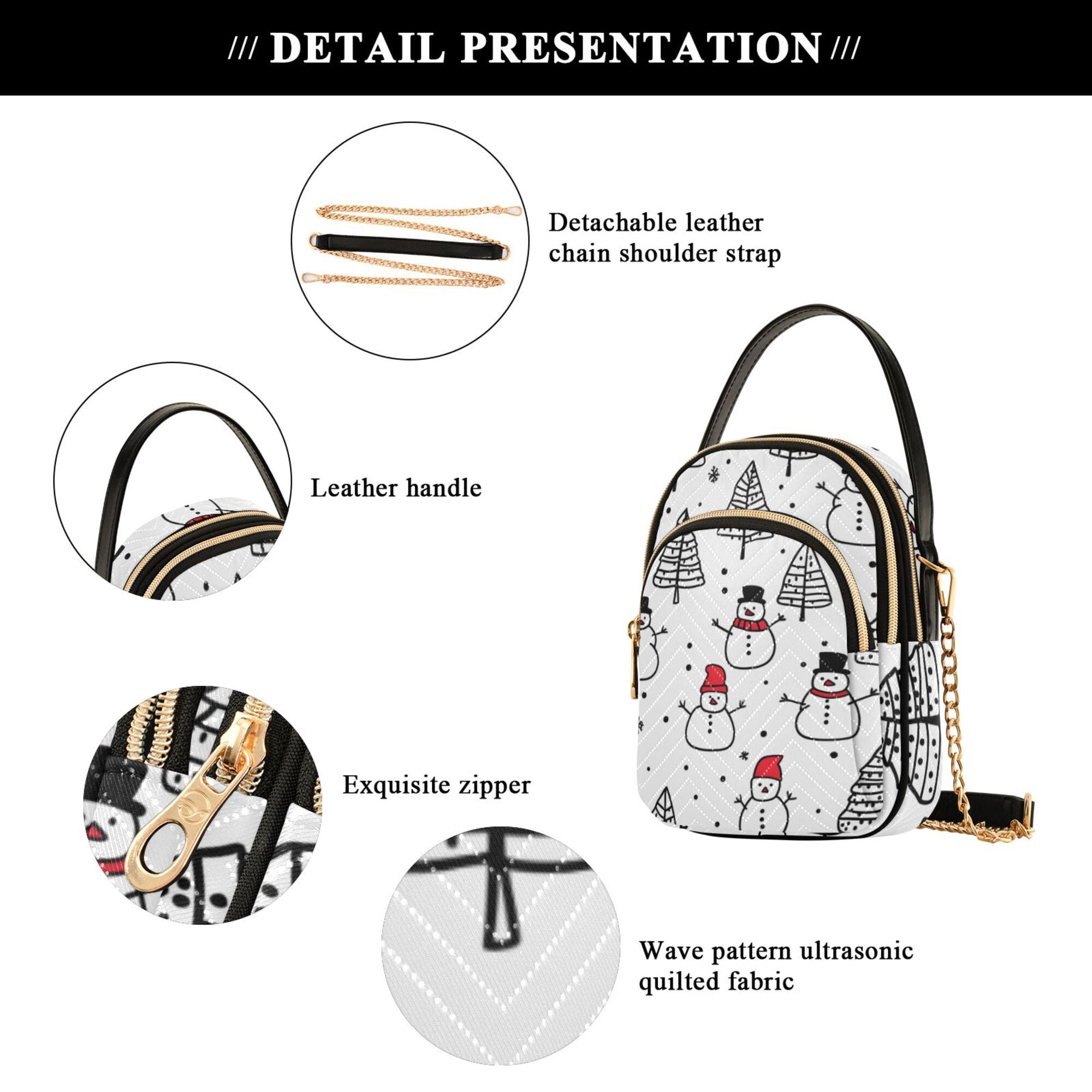 FORMRS Crossbody Bag for Women Quilted Travel Shoulder Cell Phone Purse with Chain Strap Handbag, Black Cartoon Snowmen