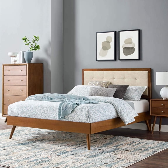 Maklaine Queen Wood Platform Bed with Splayed Legs in Walnut/Beige