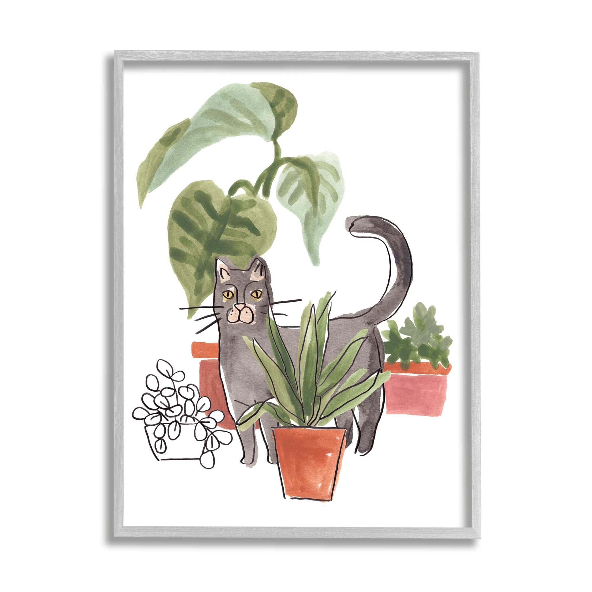 Stupell Industries Grey Cat Pet Terracotta House Plants Tropical Monstera, 11 x 14, Design by June Erica Vess