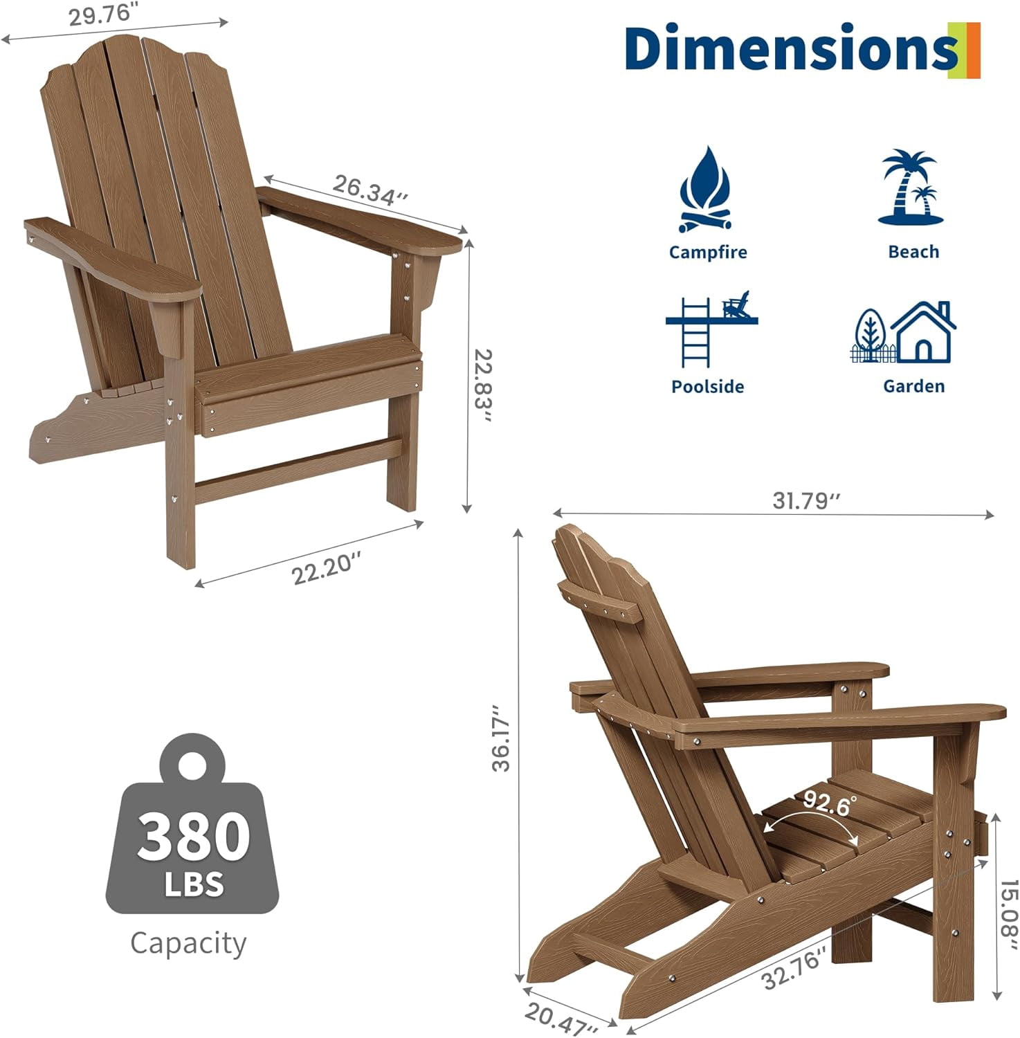 IdealHouse Adirondack Chair Set of 2 for Patio, HDPE Outdoor Lawn Chair with Wood Texture for Garden Backyard Deck Poolside Use