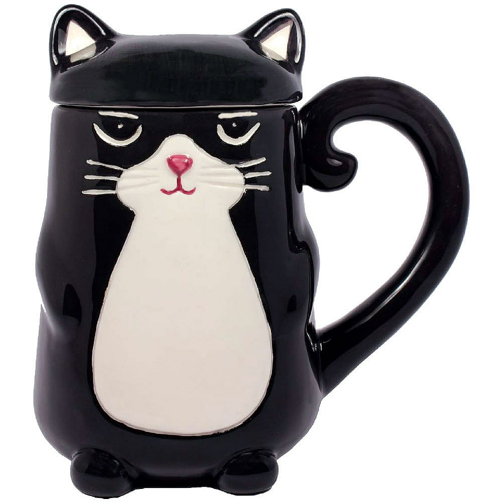 Black Kitty Cat Feline Shaped Coffee Mug With Tail Handle And Ears On