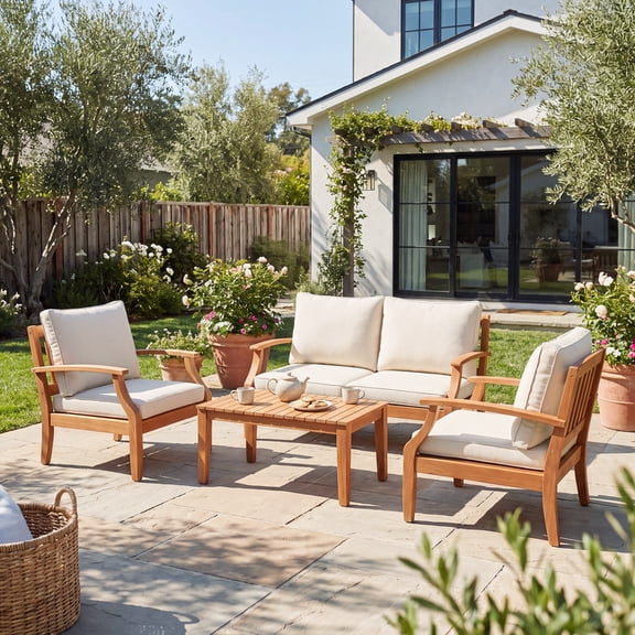 Vineego 4-Piece Patio Conversation Set, Eucalyptus Wood Outdoor Sectional Sofa with 4" Thick Cushions, Patio Furniture for Backyard, Deck, Balcony & Porch
