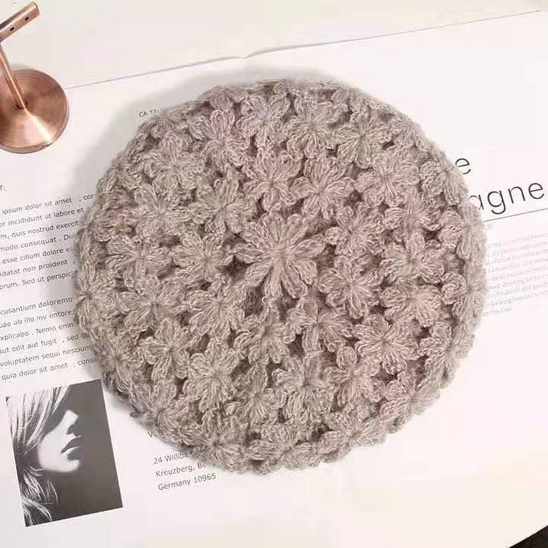 LinYooLi Ladies Hand Hooked Flower Beret, Autumn/Winter Warm hat, Hair Cap