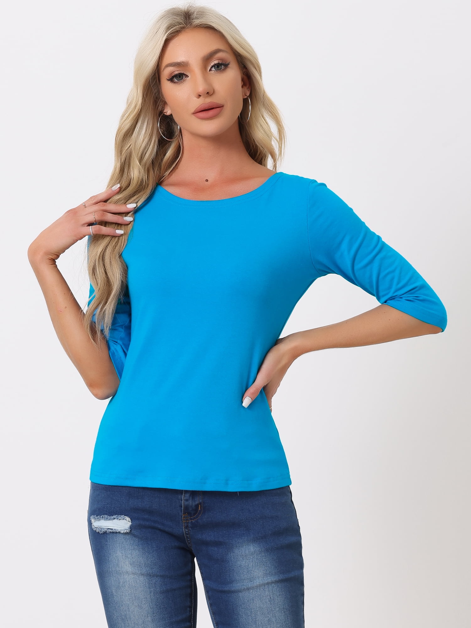 DARING DIVA Women's Elbow Sleeves Boat Neck Slim Fit Classic Tee XL Lake Blue