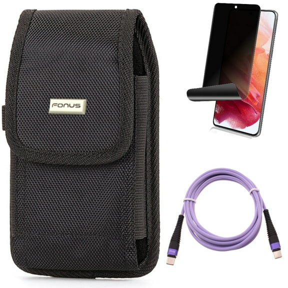 Case Belt Clip w Purple 6ft PD Cable w Privacy Screen Protector for Samsung Galaxy S21 Plus - Rugged Holster, Type-C to USB-C Long Charger Cord, TPU Film Fingerprint Works Accessory Bundle