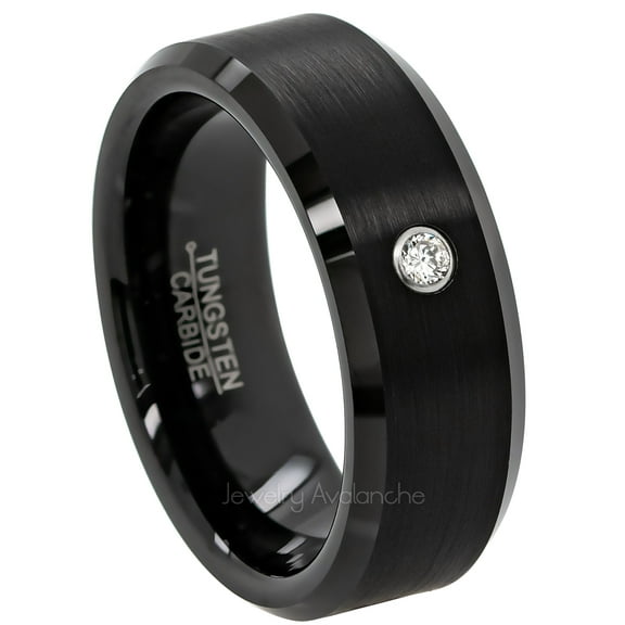 Beveled Black Tungsten Carbide Wedding Band with 0.07ctw Diamond - Brushed Comfort Fit Tungsten Anniversary Ring -#223WDs15