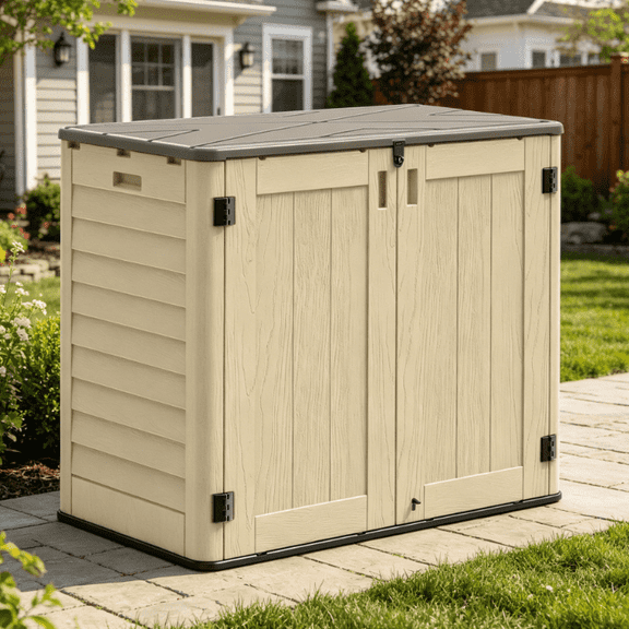 EVOKEDEN 30 Cu.Ft Outdoor Storage Shed, Multi-Purpose Weather-Resistant Utility Shed for Garbage Cans w/ Pad-Lockable Doors Khaki