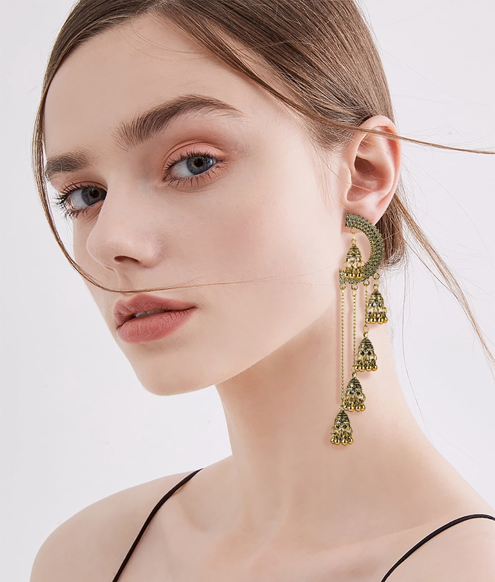 Gold Multiple Jhumki Bell Beaded Long Chain Tassel Dangle Earrings for Women Bohemian Indian Chandelier Drop Half Circle Earring