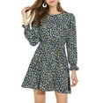 thumbnail image 1 of INSPIRE CHIC Women's Floral Ruffle Long Sleeves Round Neck Belt Autumn Dresses L Blue, 1 of 8