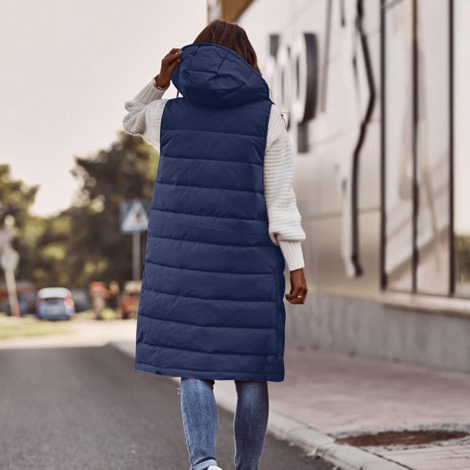 Womens Puffer Vest Sleeveless Hooded Long Quilted Vests Zip Up Lightweight Puffy Winter Jackets Gilet with Pockets