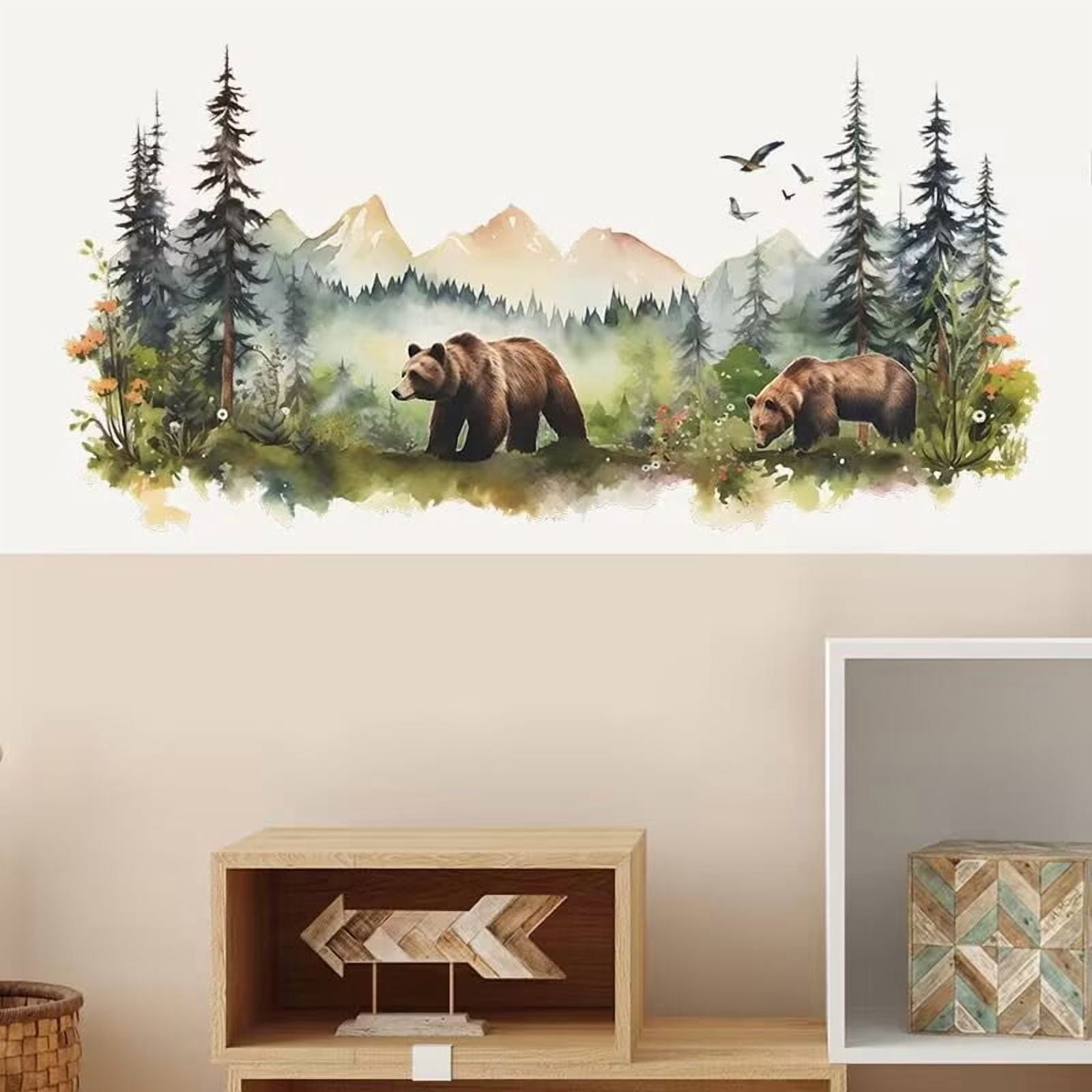 Large Jungle Animals Forest Tree Wall Decal - Peel and Stick Woodland Bear Fox Deer Stickers - Giant Mountain Art for Bedroom Nursery Room