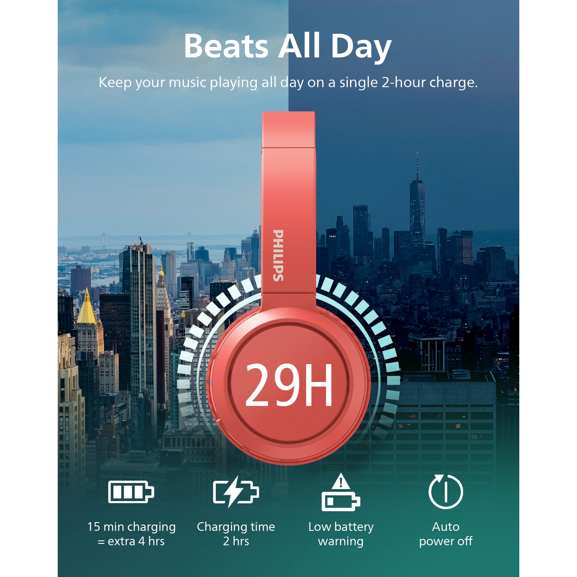 Philips H4205 on-Ear Wireless Headphones with 32mm Drivers and BASS Boost on-Demand, Red
